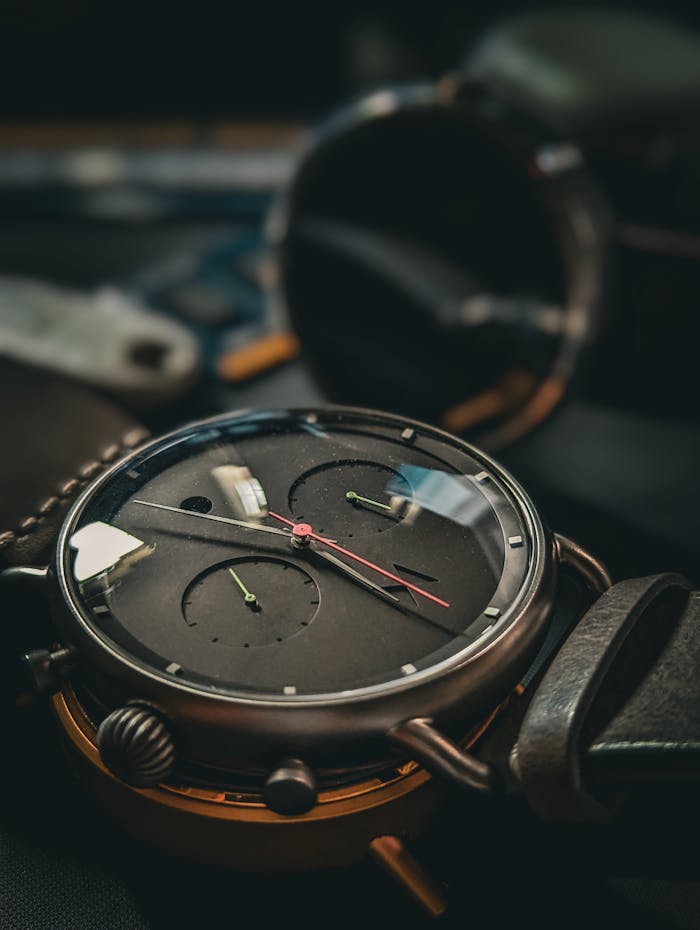 Close-up shot of a vintage analog wristwatch with a leather strap, showcasing intricate details and classic design.